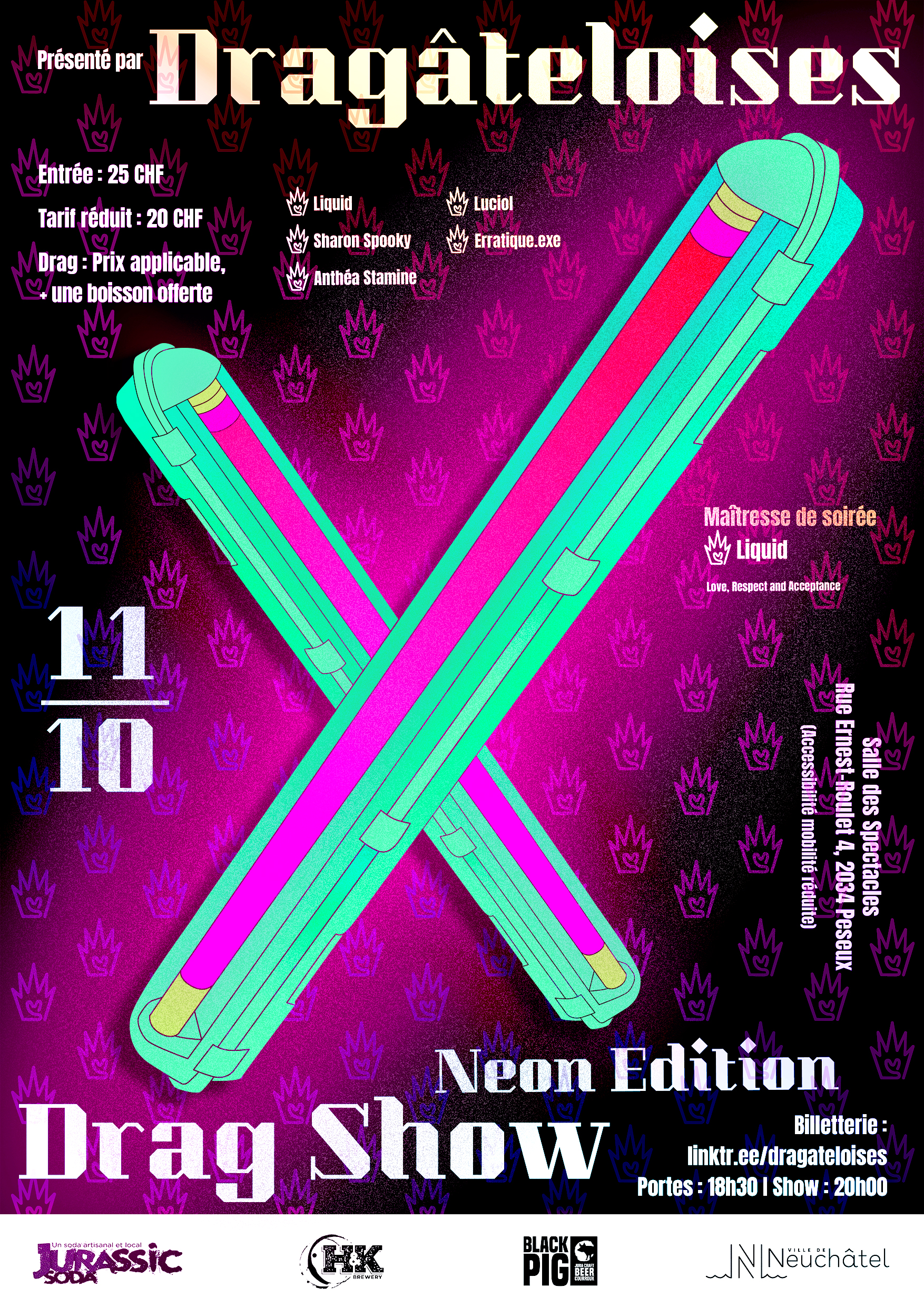 Affiche de la 16ème édition de Dragâteloises sous le thème "Neon" qui a eu lieu le 11.10..2025 à la Salle des Spectacles de Peseux.